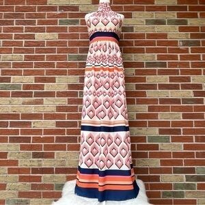 🌷 Eliza J Geometric Print White Pink Multicolor Boho Halter Maxi Dress